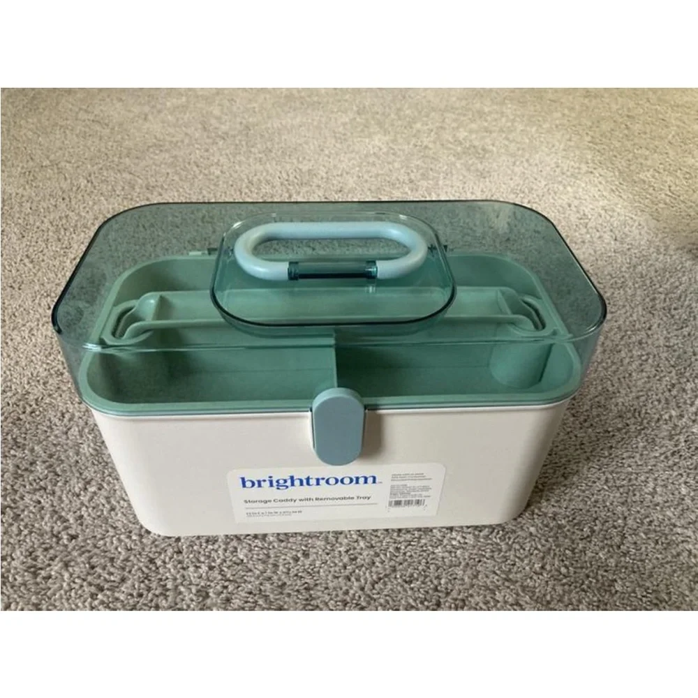 Portable Cream and Teal Storage Caddy with Handle